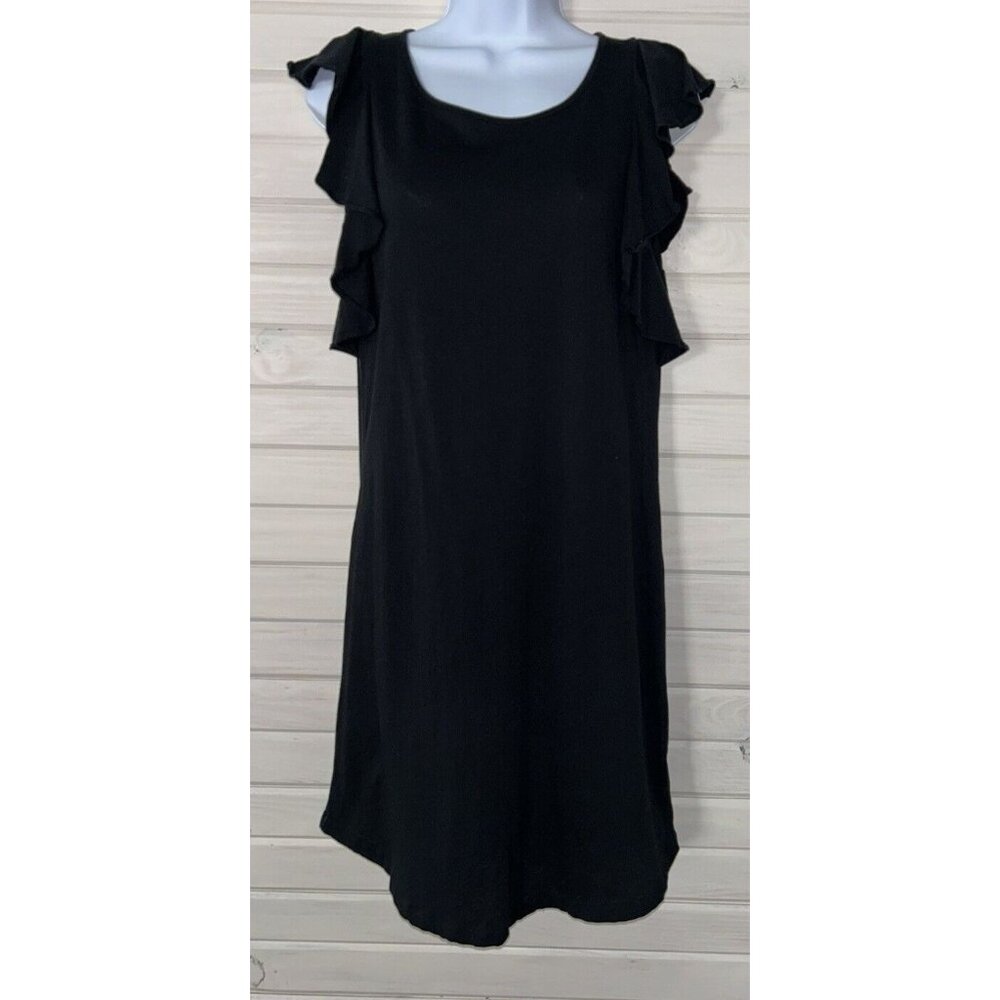 J. Crew Sz SMALL Black Ruffle Shoulder Shift Dress 100% Cotton EUC